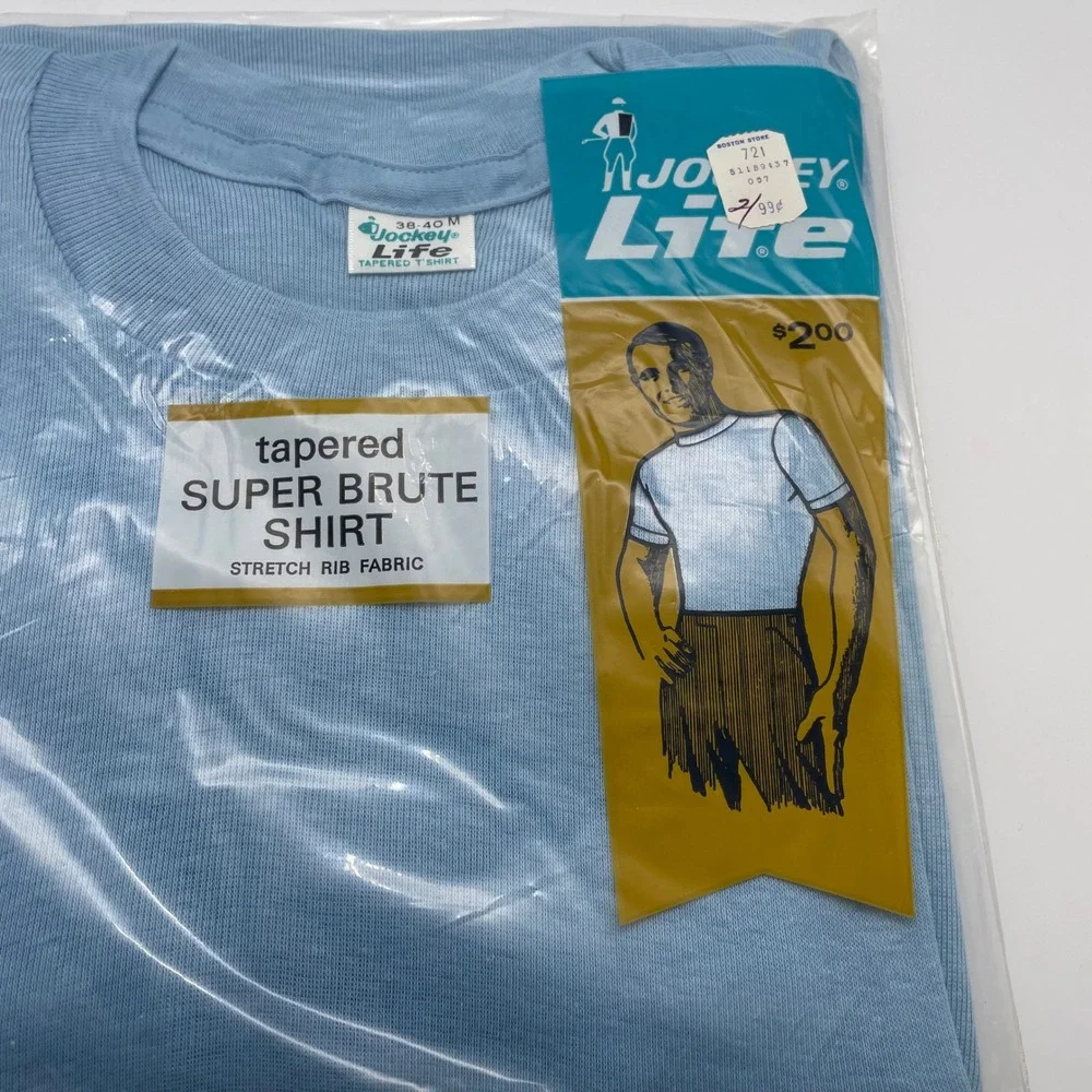 NOS Jockey Life Tapered Super Brute Shirt Mens M Light Blue Stretch Rib 1968 - Picture 3 of 5
